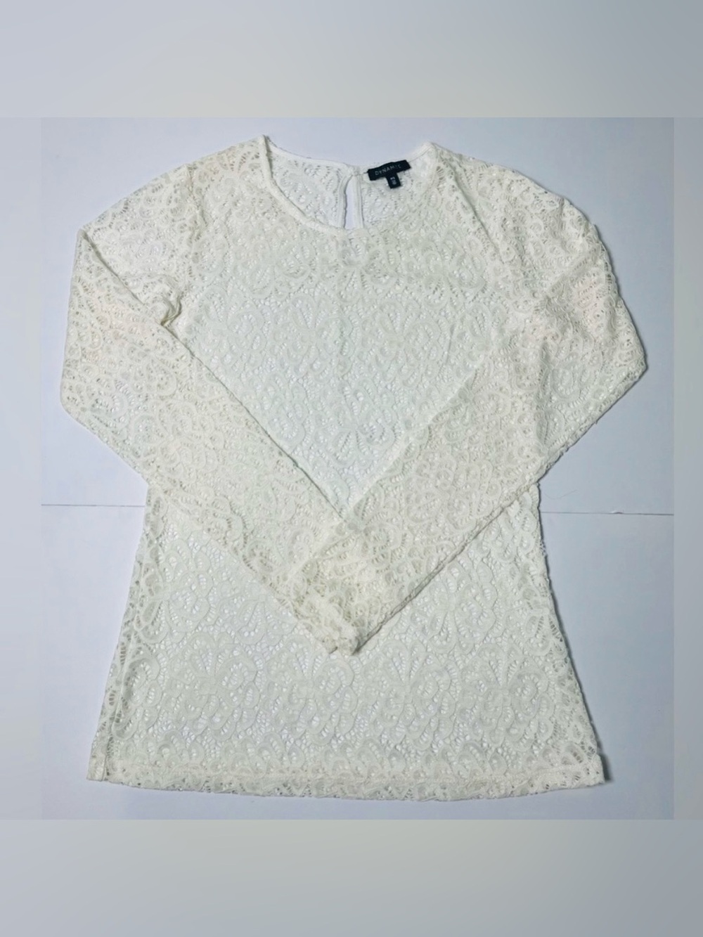 Cream Floral Lace Long Sleeve Crew Neck Keyhole Back Top Size S